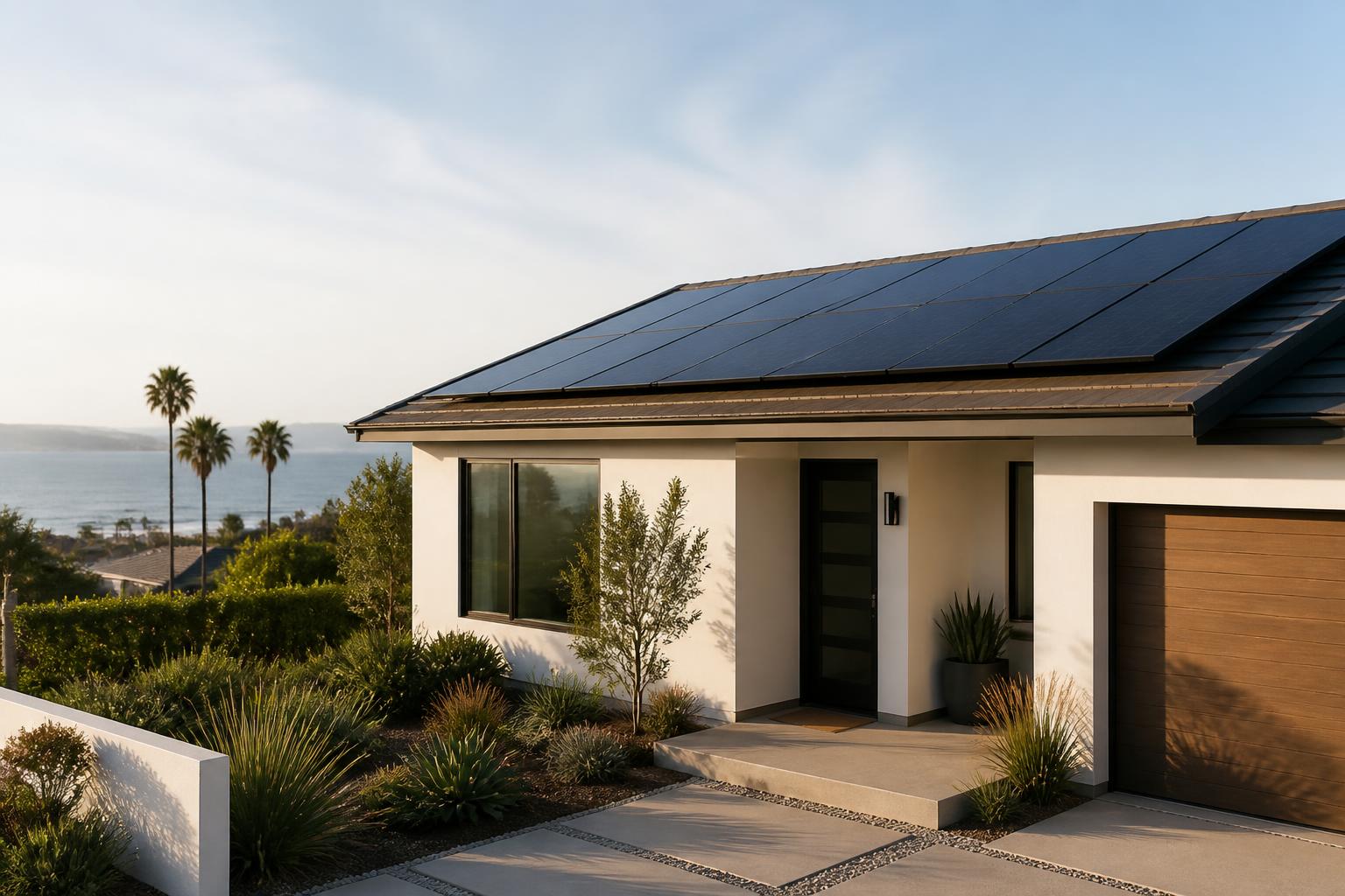 Modern home roof with cleanly installed solar panels in natural light